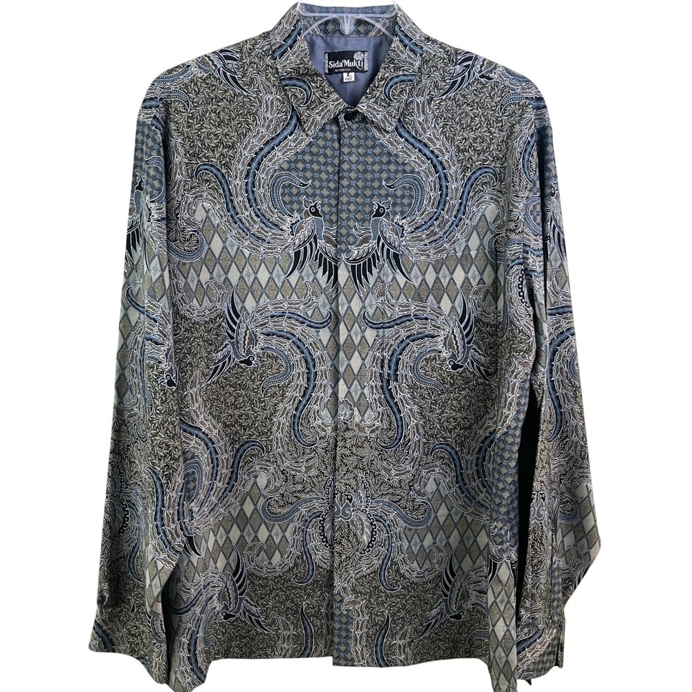 Sida Mukti‎ Indonesian Garuda Birds Button Long Sleeve Batik Shirt L VTG READ